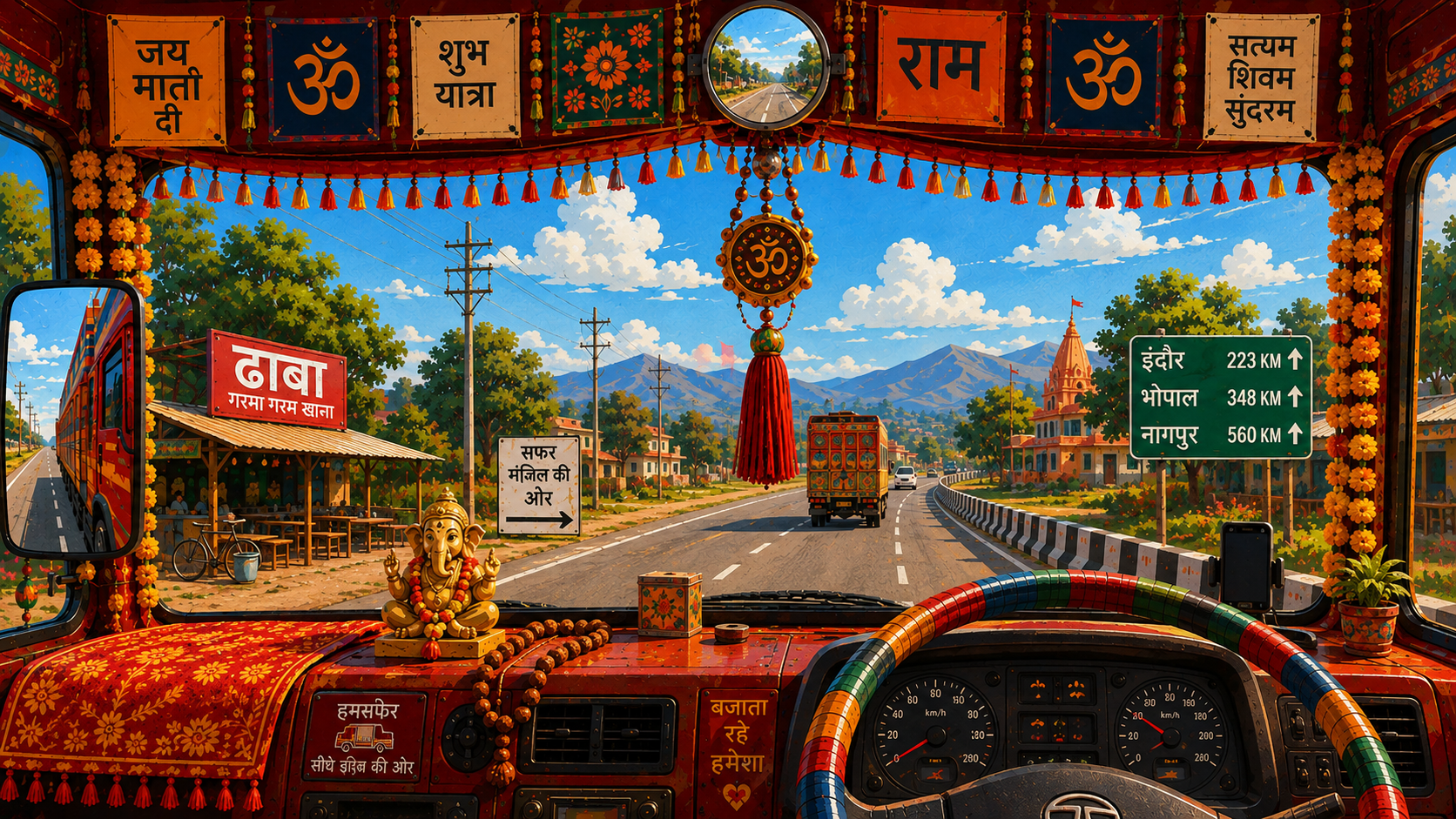 Driver-seat view inside a decorated Indian truck on the highway